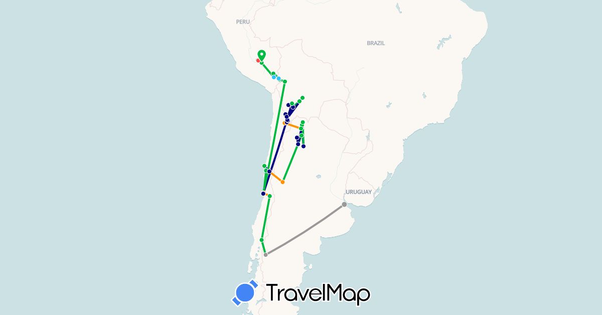 TravelMap itinerary: driving, bus, plane, hiking, boat, hitchhiking in Argentina, Bolivia, Chile, Peru (South America)